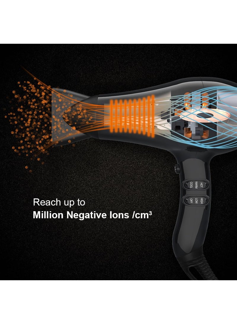 Wazor Salon Hair Dryer 1875W Professional Negative Ionic Blow Dryer for Home Use  2 Speed and 3 Heat Settings Fast Drying with Diffuser and Comb and Nozzel Mid-Size Black Color  - Image 2