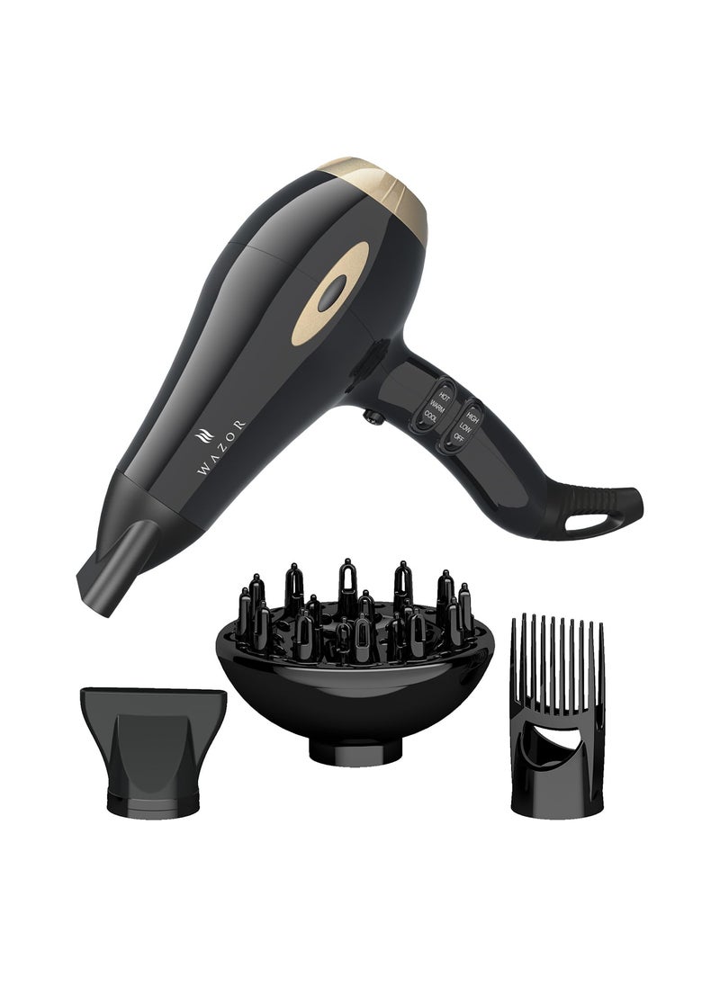 Wazor Salon Hair Dryer 1875W Professional Negative Ionic Blow Dryer for Home Use  2 Speed and 3 Heat Settings Fast Drying with Diffuser and Comb and Nozzel Mid-Size Black Color  - Image 1