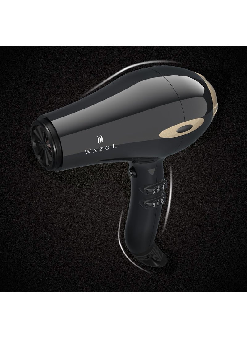 Wazor Salon Hair Dryer 1875W Professional Negative Ionic Blow Dryer for Home Use  2 Speed and 3 Heat Settings Fast Drying with Diffuser and Comb and Nozzel Mid-Size Black Color  - Image 3