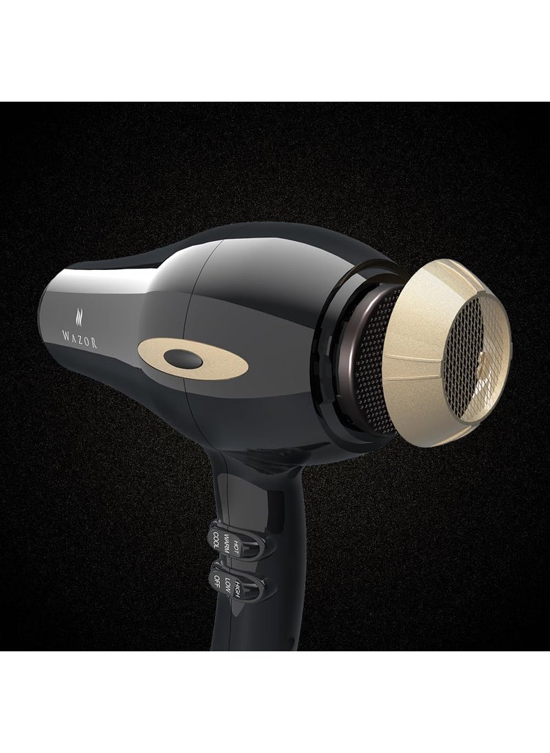 Wazor Salon Hair Dryer 1875W Professional Negative Ionic Blow Dryer for Home Use  2 Speed and 3 Heat Settings Fast Drying with Diffuser and Comb and Nozzel Mid-Size Black Color  - Image 4