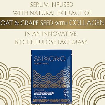 Skimono AntiAgeing Moisturising Face Mask Advanced BioCellulose Sheet with Collagen Oat Grapeseed Extract Hydrating Facial for Wrinkle Reduction Vegan CrueltyFree by SKIMONO 1 Pack - Image 5