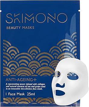 Skimono AntiAgeing Moisturising Face Mask Advanced BioCellulose Sheet with Collagen Oat Grapeseed Extract Hydrating Facial for Wrinkle Reduction Vegan CrueltyFree by SKIMONO 1 Pack - Image 1