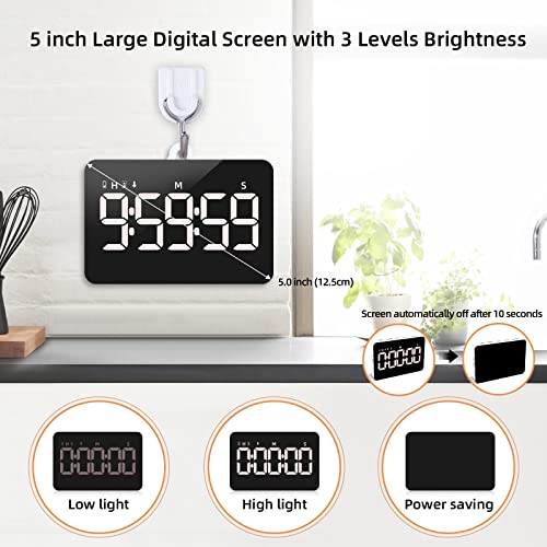 Samshow Rechargeable Digital Kitchen Timer for Cooking, Magnetic Timers with Countdown/up, Kids Timer with 5”LED Display 3 Brightness 4 Volume Adjustable for Classroom/Office/Home/Work/Study/Fitness/Game - Image 3