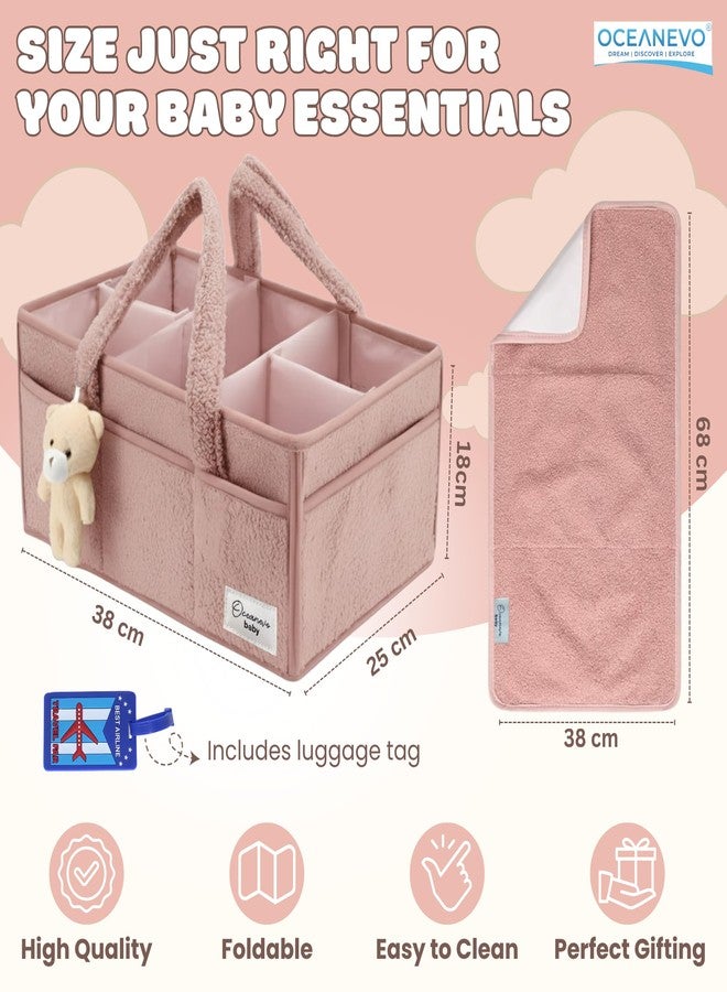OCEANEVO Fur Diaper Caddy Organizer Bag | WITH Diaper Changing Mat, Bag Charm and Luggage Tag | New Born Baby Essentials | For Mothers for Travel - 38 x 25 x 18 cm - Pink - 1 Year Warranty - Image 2