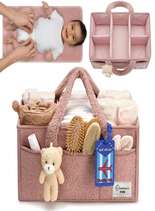 OCEANEVO Fur Diaper Caddy Organizer Bag | WITH Diaper Changing Mat, Bag Charm and Luggage Tag | New Born Baby Essentials | For Mothers for Travel - 38 x 25 x 18 cm - Pink - 1 Year Warranty - Image 1