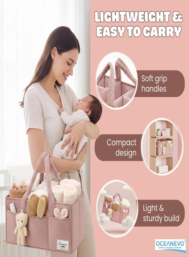 OCEANEVO Fur Diaper Caddy Organizer Bag | WITH Diaper Changing Mat, Bag Charm and Luggage Tag | New Born Baby Essentials | For Mothers for Travel - 38 x 25 x 18 cm - Pink - 1 Year Warranty - Image 4