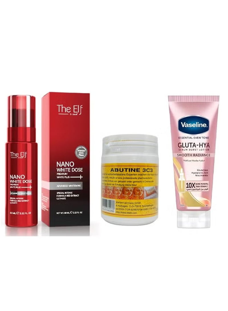 The Elf Nano White Dose Premium White Plus Serum 60ml & Abutine 3C3 Skin Whitening Cream 250gm & Gluta-Hya Serum Burst Lotion Smooth Radiance  200ml Set