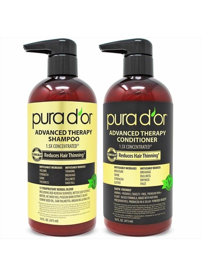 Pura d'or - Anti-Thinning Advanced Therapy Biotin Shampoo & Conditioner Hair Care Set, Clinically Proven, DHT Blocker Hair Thickening Products For Women & Men, Natural Daily Routine Shampoo, 16oz x 2 - Image 1