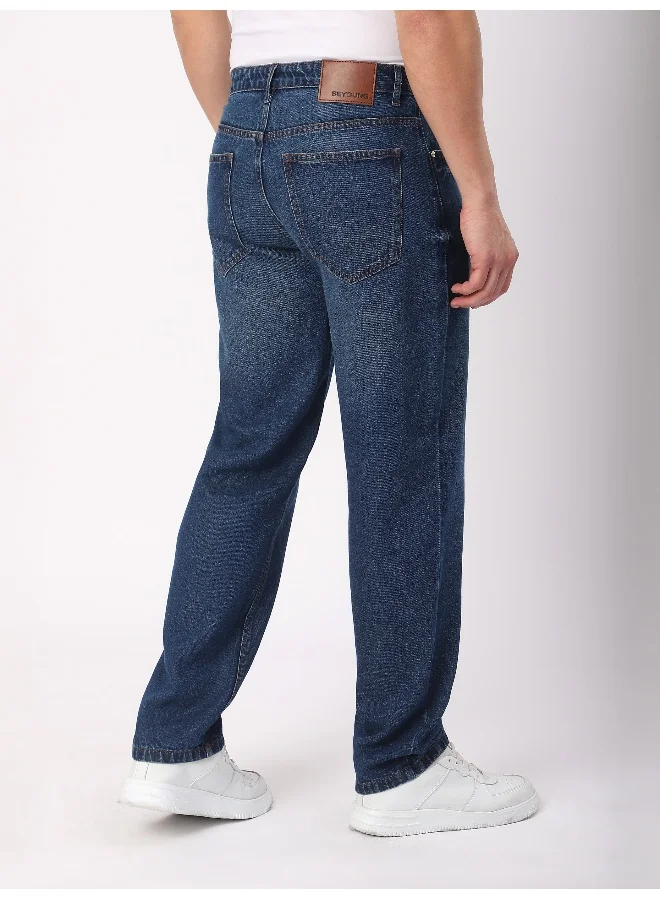 بيونغ جينز رجالي أزرق داكن بقصة واسعة باهتة