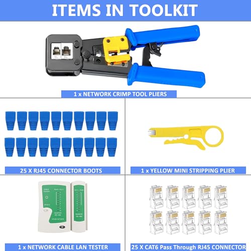 FEDUS RJ45 Crimping Tool Kit, Passthrough rj45 machine for Cat6A Cat6 Cat5E Cat5 Ethernet tool kit, 25PCS Connector & Boot Covers, Cut and Strip - Image 2