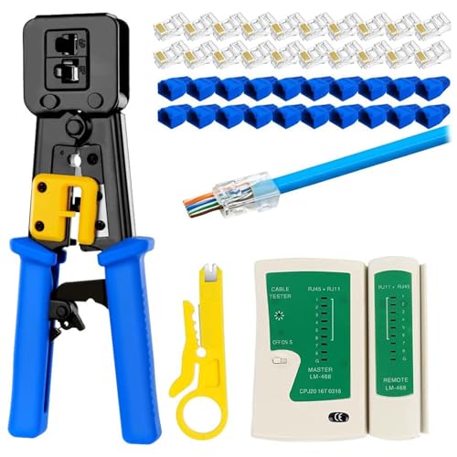FEDUS RJ45 Crimping Tool Kit, Passthrough rj45 machine for Cat6A Cat6 Cat5E Cat5 Ethernet tool kit, 25PCS Connector & Boot Covers, Cut and Strip - Image 1