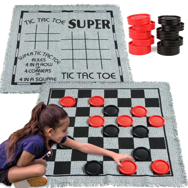 JOYIN 3-in-1 Vintage Giant Checkers, Tic, Tac, Toe, with Reversible Mat, 24 Chips, Family Board Game, Lawn Game, BBQ Party Favor, Indoor and Outdoor Activity for Kids and Adults - Image 1
