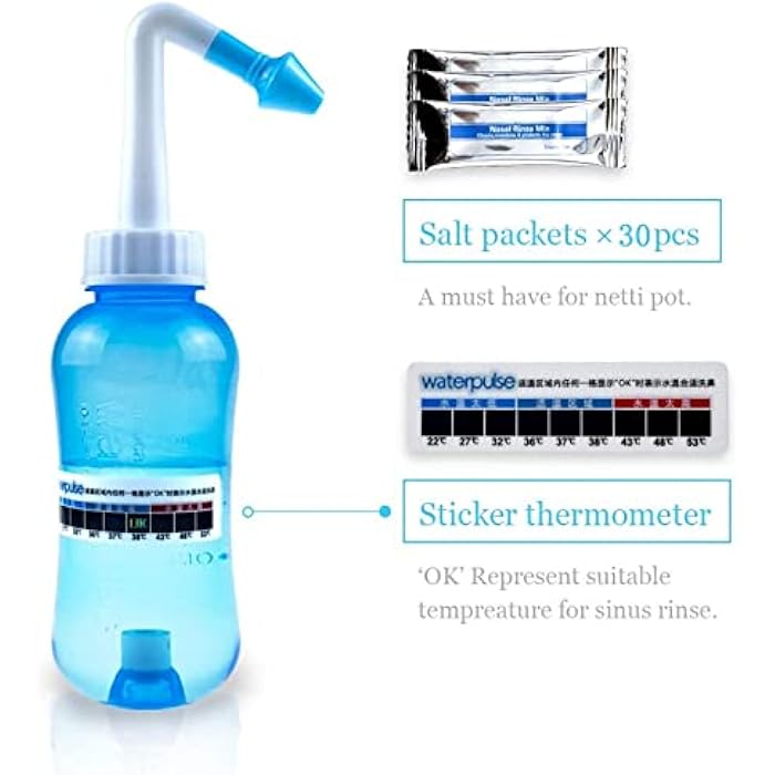 Waterpulse Neti Pot Sinus Rinse Kit, Blue, 300ml Bottle | 30 Salt Packets - Image 3
