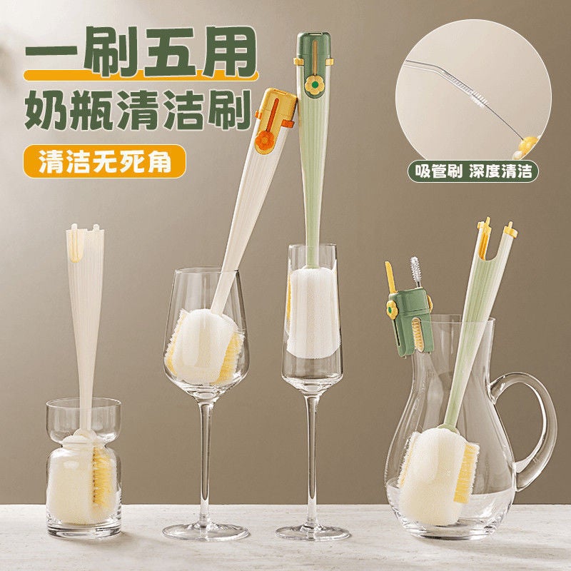 New Five-In-One Cup Brush for Cleaning Baby Bottle Lids, Special Tool for Thermos Cups, Multifunctional Cleaning and Stain Removal Sponge Brush - Image 5