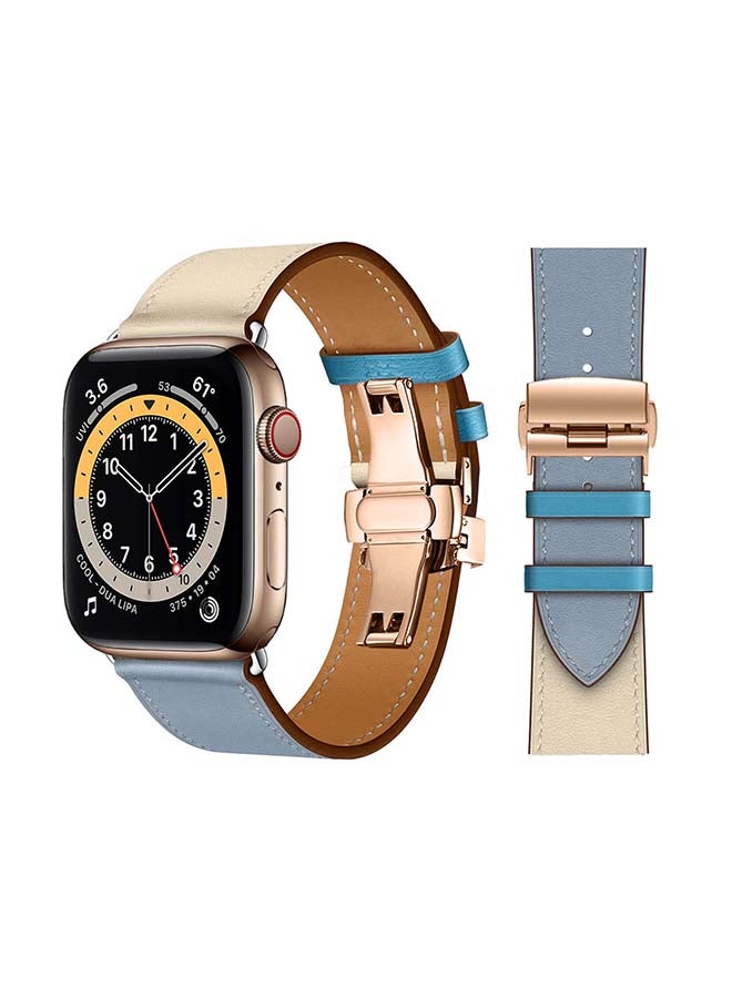 Perfii Genuine Leather Replacement Band with Golden Buckle for Apple Watch Series 6/SE/5/4/3/2/1 44/42mm Blue/Beige - Image 1
