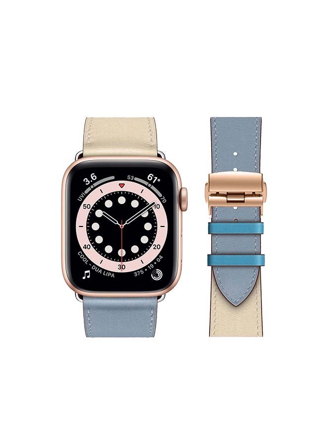 Perfii Genuine Leather Replacement Band with Golden Buckle for Apple Watch Series 6/SE/5/4/3/2/1 44/42mm Blue/Beige - Image 2