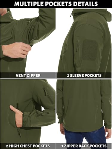 TACVASEN Men Winter Windproof Snowboard Softshell Parka Jacket Tactical Hoodie Fleece Hunting Pockets Ski Coats Hunting Army Green M - Image 4