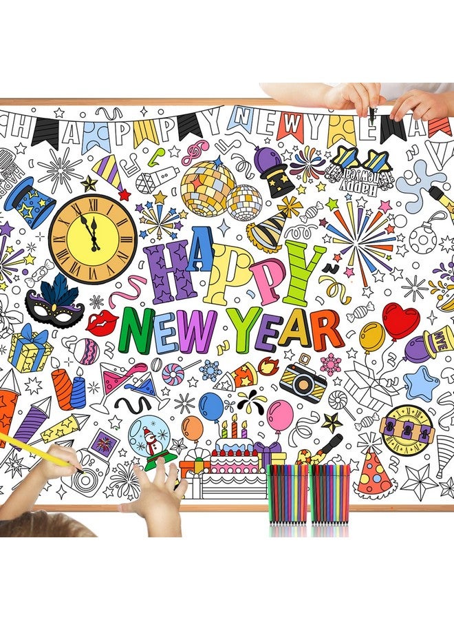HOWAF Happy New Year Coloring Poster with 24pcs Paint Pens, New Year Firework Jumbo Paper Coloring Banner, Happy New Year Giant Paper Coloring Tablecloth for 2025 New Year Eve Part Kids - Image 1