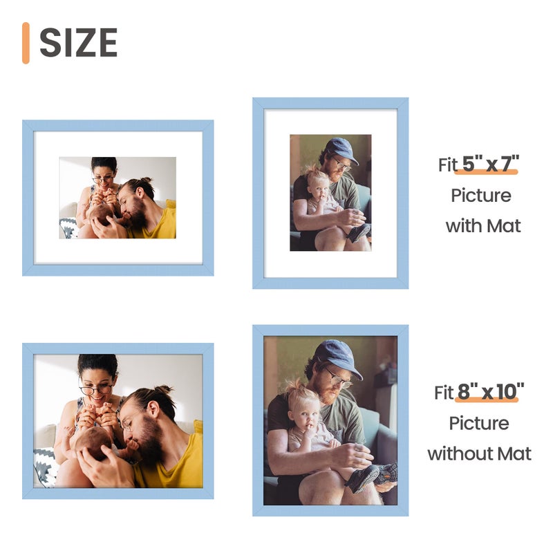 upsimples 8x10 Picture Frame, Display Pictures 5x7 with Mat or 8 x 10 Without, Wall Hanging Photo Frames, Blue, 1 Pack - Image 3