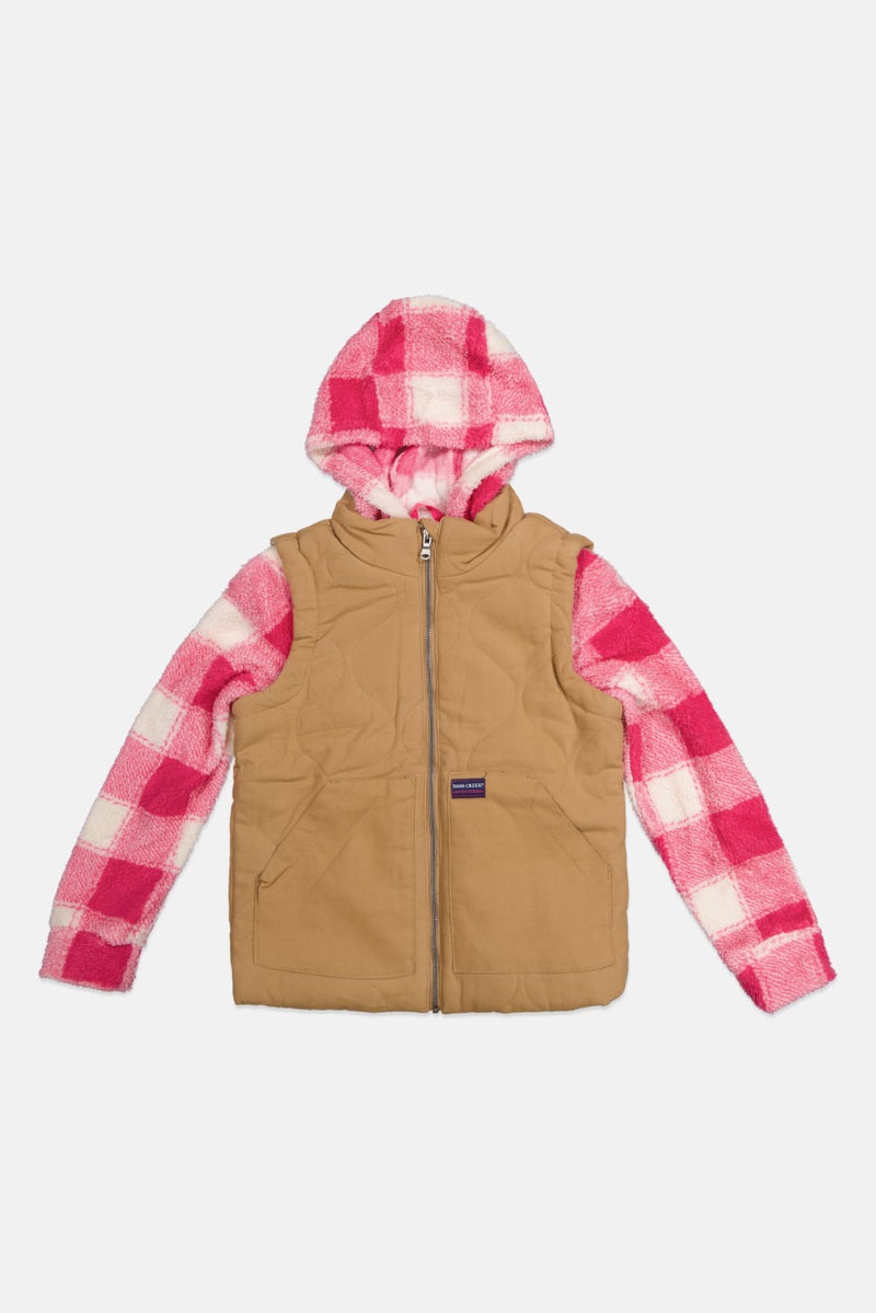 Bass Creek Outfitters Kids Girl Checkered Long Sleeve Softshell Jacket, Tan  - Image 1