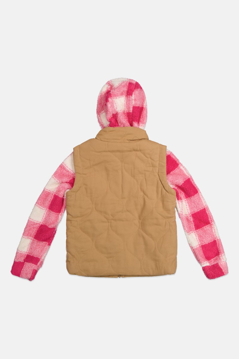Bass Creek Outfitters Kids Girl Checkered Long Sleeve Softshell Jacket, Tan  - Image 2