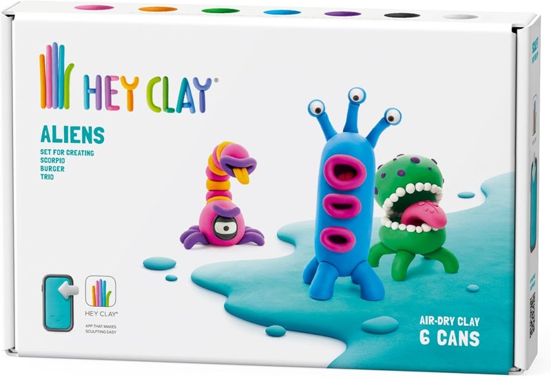 HEY CLAY -DIY Aliens: Burger, Trio, Scorpio Plastic Creative Modelling Air-Dry Clay For Kids 6 Cans - Image 1