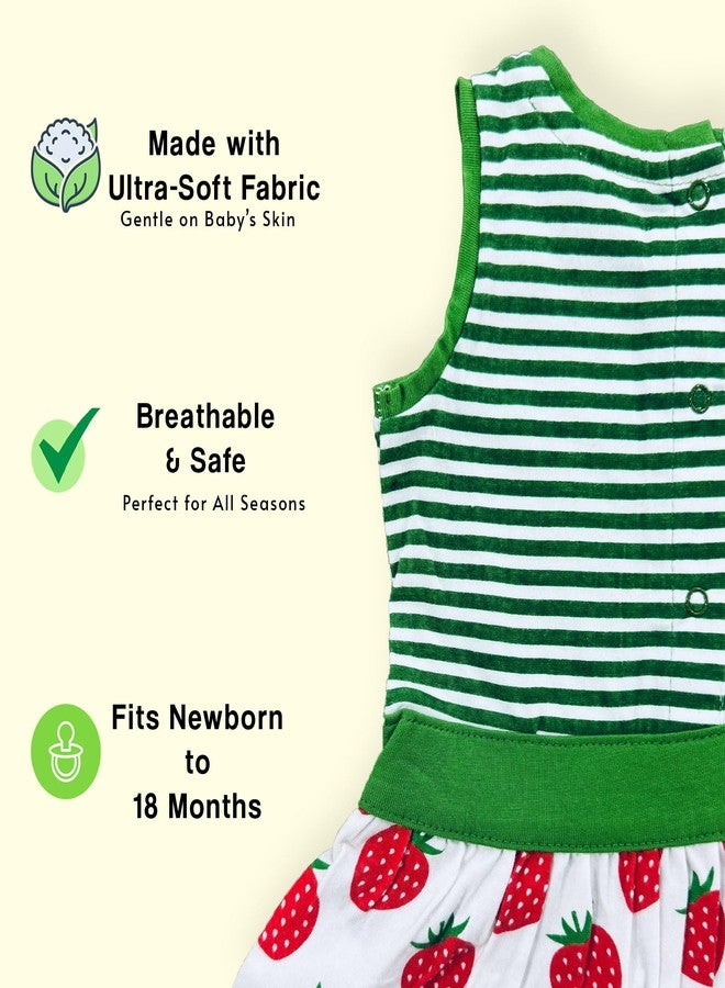TIDOO Baby Girl Frock 100 Percent Cotton Sleeveless Dress with Green Stripes and Strawberry Design_0_3M_Vibrant Green - Image 2