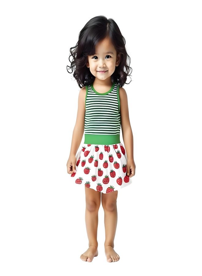 TIDOO Baby Girl Frock 100 Percent Cotton Sleeveless Dress with Green Stripes and Strawberry Design_0_3M_Vibrant Green - Image 1
