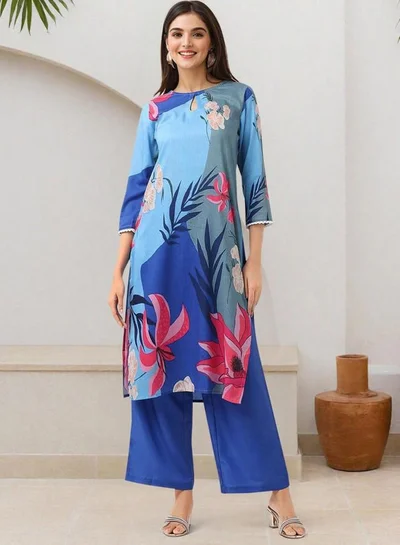 ISHIN Women'S Blue 100% Polyester Embroidered Tunic Full Length Palazzo Straight Fit Kurta Set