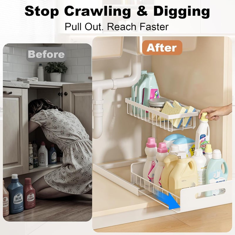 REALINN Under Sink Organizer, Pull Out Cabinet Organizer 2 Tier Slide Out Sink Shelf Cabinet Storage Shelves, Under Sink Storage for Kitchen Bathroom Cabinet, White, 1 Pack - Image 3