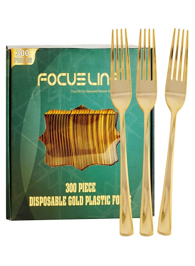 FOCUSLINE 300 عبوة من الشوك البلاستيكية الذهبية القابلة للاستخدام مرة واحدة، أدوات مائدة بلاستيكية صلبة ومتينة، أدوات مائدة قابلة للاستخدام مرة واحدة للاحتفالات، الحفلات، العشاء، الزفاف - Image 1