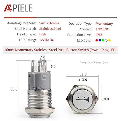 APIELE 16mm 12V Momentary Speaker Horn Push Button Toggle Switch 0.63" Mounting Hole 1NO 1NC SPDT with Pre-Wiring Socket for Car Auto Motor (Blue) - Image 2