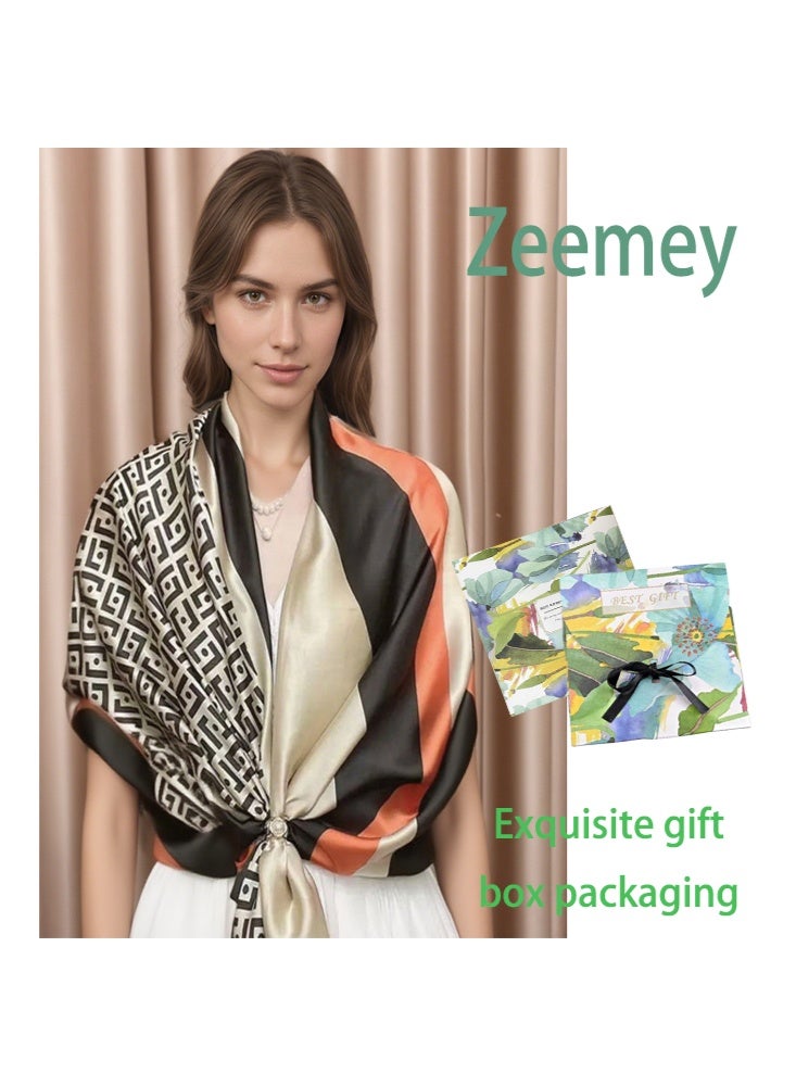 Zeemey Women's fashionable geometric contrast silk scarf, black, beige and orange, with exquisite geometric patterns, smooth texture, 90*180CM large size can be used as a scarf or shawl to enhance your outfit style - Image 1
