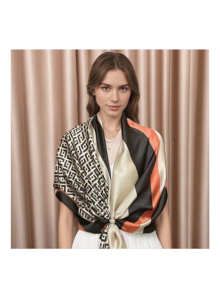 Zeemey Women's fashionable geometric contrast silk scarf, black, beige and orange, with exquisite geometric patterns, smooth texture, 90*180CM large size can be used as a scarf or shawl to enhance your outfit style - Image 5