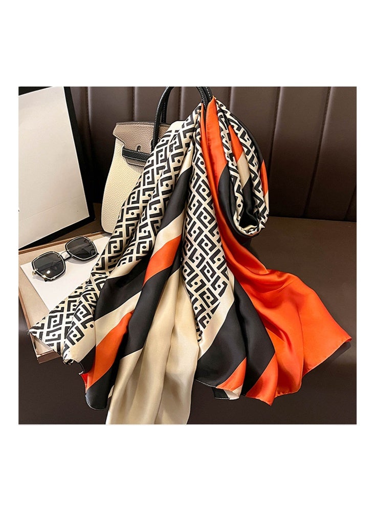 Zeemey Women's fashionable geometric contrast silk scarf, black, beige and orange, with exquisite geometric patterns, smooth texture, 90*180CM large size can be used as a scarf or shawl to enhance your outfit style - Image 2