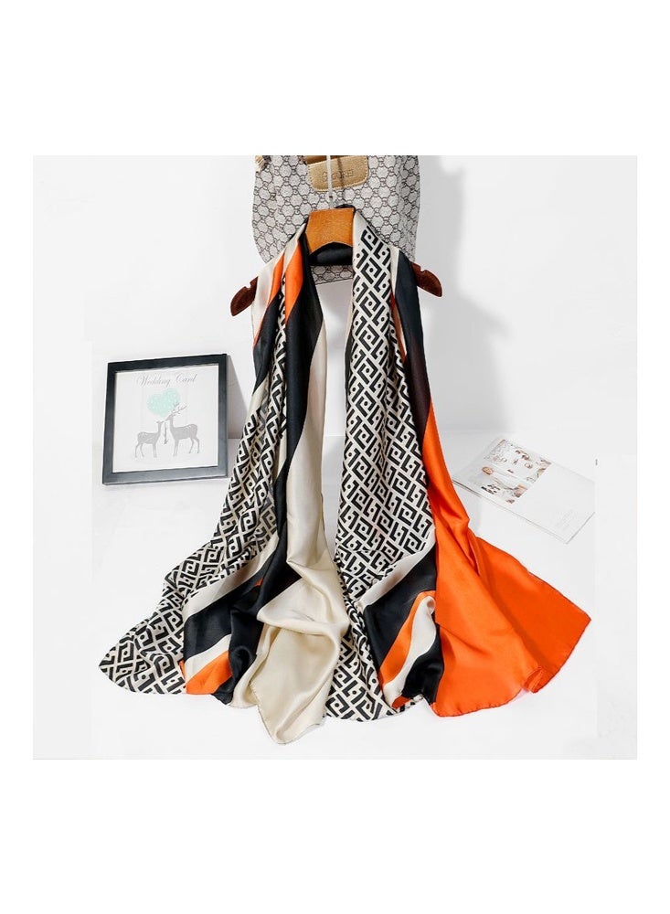 Zeemey Women's fashionable geometric contrast silk scarf, black, beige and orange, with exquisite geometric patterns, smooth texture, 90*180CM large size can be used as a scarf or shawl to enhance your outfit style - Image 3