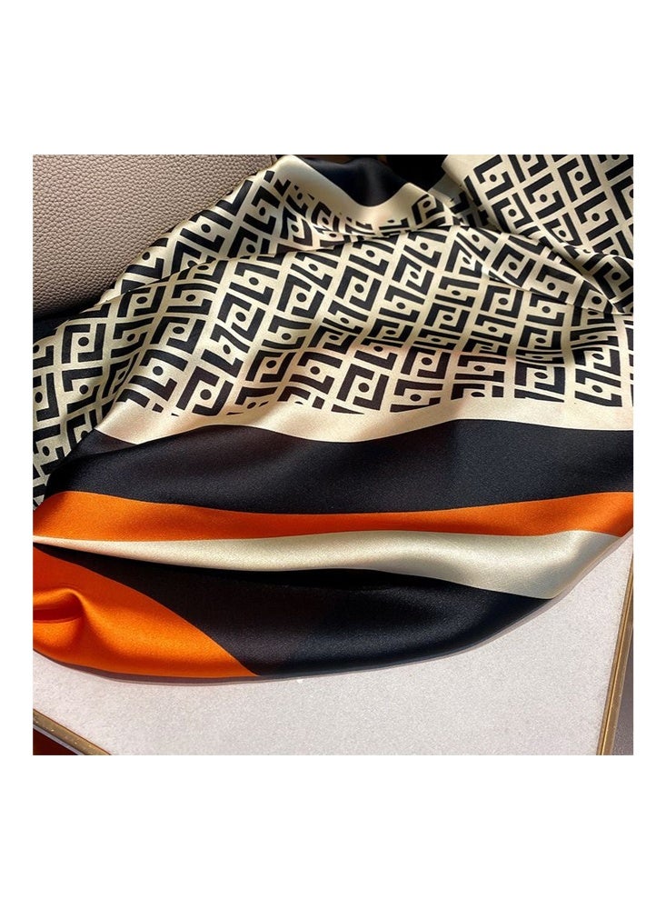 Zeemey Women's fashionable geometric contrast silk scarf, black, beige and orange, with exquisite geometric patterns, smooth texture, 90*180CM large size can be used as a scarf or shawl to enhance your outfit style - Image 4