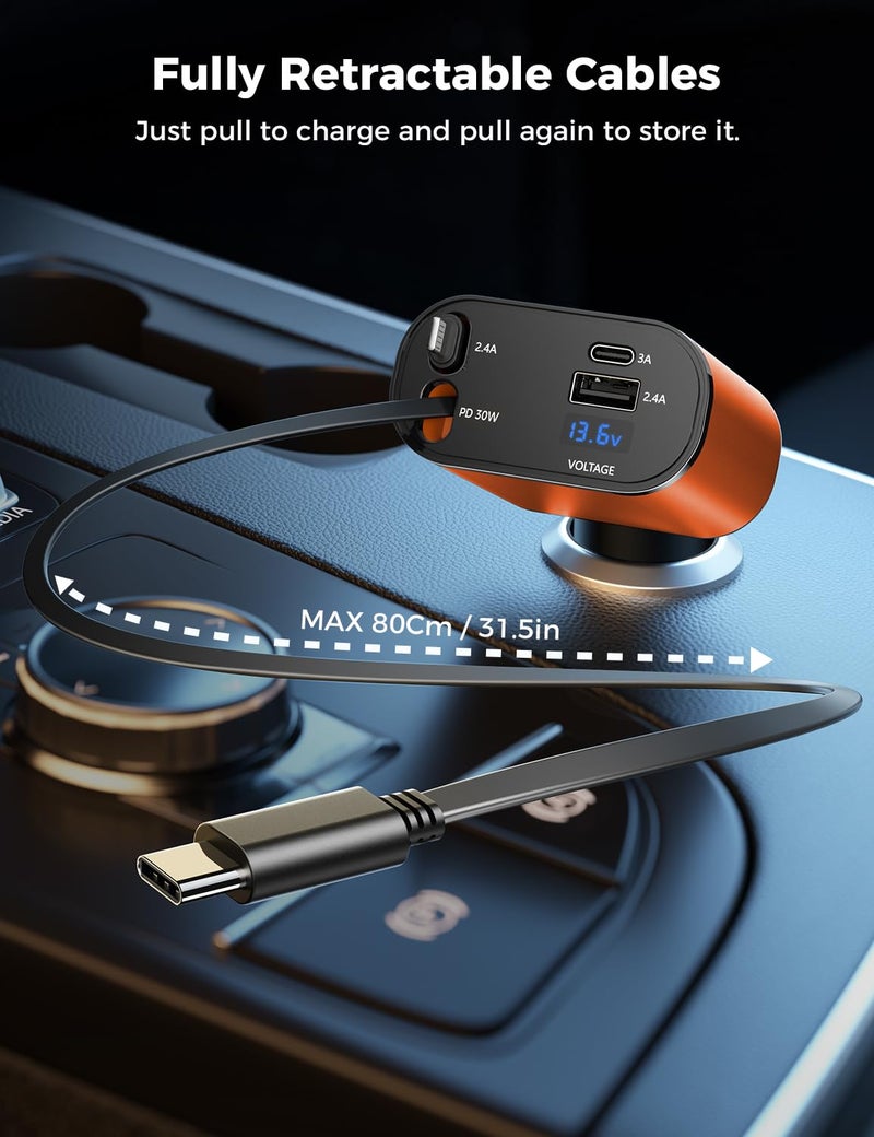 SUPERONE 【Upgraded】 SUPERONE Retractable Car Charger 4 in 1, Fast Car Phone Charger with Cord 2.6ft, USB C and Apple Car Charger Adapter, Compatible with iPhone 15/15 Pro Max/14/13/12/11, Galaxy, Pixel - Image 2