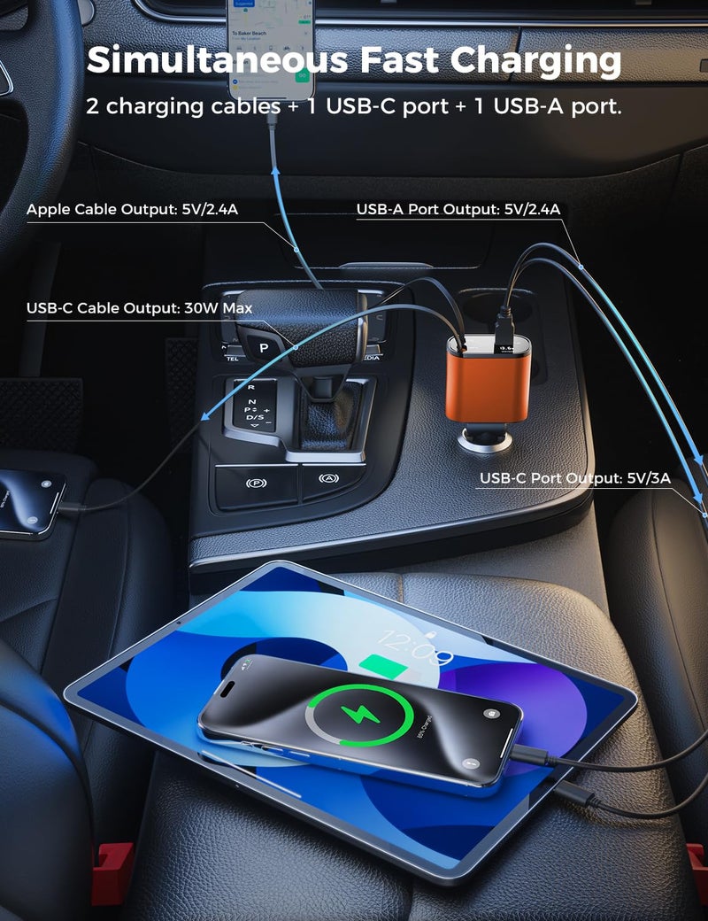 SUPERONE 【Upgraded】 SUPERONE Retractable Car Charger 4 in 1, Fast Car Phone Charger with Cord 2.6ft, USB C and Apple Car Charger Adapter, Compatible with iPhone 15/15 Pro Max/14/13/12/11, Galaxy, Pixel - Image 3