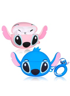 2PCS Stitch AirPods PRO 1/2 Case, Cute Funny Stitch AirPods Protective Silicone Case, 3D Cartoon Case for Kids Teens Boys Girls for AirPods Stitch Case with Ring (Big Pink Ear Stitch) Ring (Big Ear Blue Stitch)