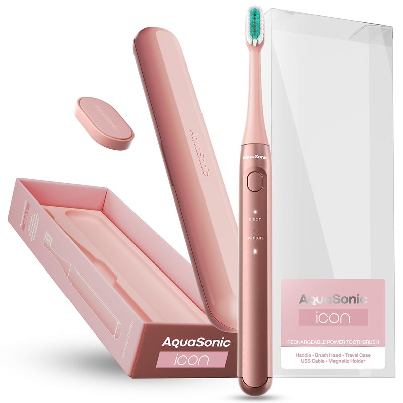 Aquasonic Icon ADA-Accepted Rechargeable Toothbrush | Magnetic Holder & Slim Travel Case | 2 Brushing Modes & Smart Timers | Gentle Micro-Vibrations (Blush) - Image 5