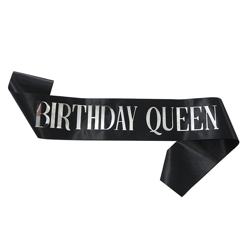 Birthday Queen Sash Satin Gold Belt Black silver BIRTHDAY QUEEN