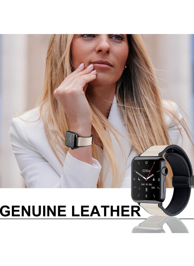 SYOSI - Magnetic Leather Watch Band for Apple Watch, Fits 49mm, 45mm, 44mm, 42mm, with Magnetic Buckle, Genuine Leather Strap, Compatible with Apple Watch Ultra, Series 9/8/7, White - Image 1