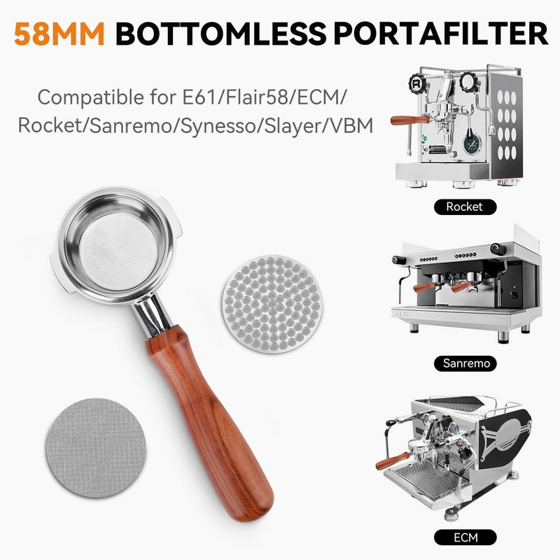 GreeSuit 58mm Bottomless Portafilter fit for E61/Flair58/ECM/Rocket/Sanremo/Synesso/Slayer/VBM - 58mm Bottomless Portafilter with 2Puck Screen - Image 2