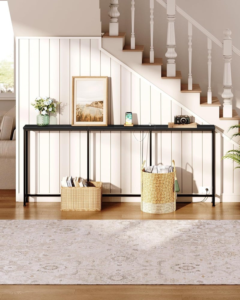 CHOEZON 200cm Narrow Console Table with Power Outlet Slim Sofa Table 18cm Long Back Sofa Table with Charging Station for Entryway Black DTXG20KBB - Image 2