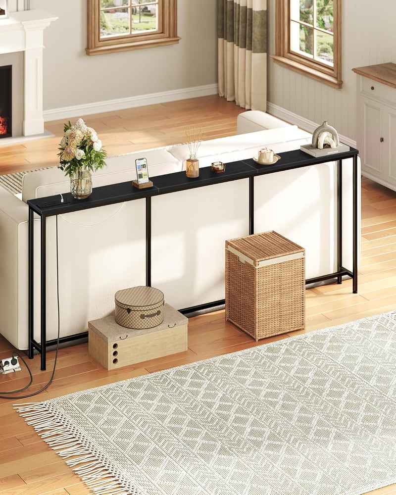 CHOEZON 200cm Narrow Console Table with Power Outlet Slim Sofa Table 18cm Long Back Sofa Table with Charging Station for Entryway Black DTXG20KBB - Image 5