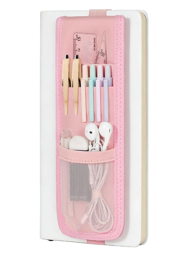 MoKo Elastic Pen Holder for Notebook, Pencil Holder wth Zipper Pocket, Adjustable Pen Pouch for Hardcover Journals, Notebooks, Planners, Binders, Pink - Image 1