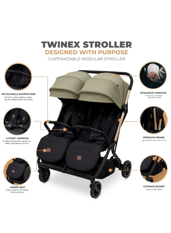 نيوبريز Neobreez Compact Autofold Folding Double Stroller,Twin Stroller,Aluminium Frame,Individual Canopy&Recline Adjustment,Phone Holder,Toy Strap,Reflective Stickers,2 Zippered Pockets,0–4Yrs,3Yrs Warranty-Beige Black