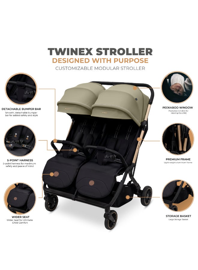 Neobreez Compact Autofold Folding Double Stroller,Twin Stroller,Aluminium Frame,Individual Canopy&Recline Adjustment,Phone Holder,Toy Strap,Reflective Stickers,2 Zippered Pockets,0–4Yrs,3Yrs Warranty-Beige Black - Image 2