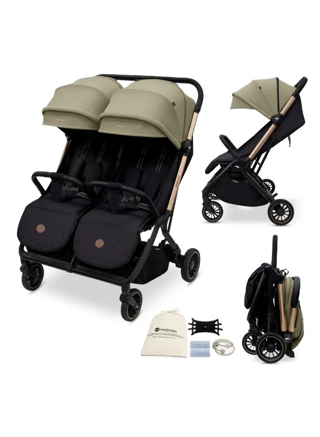 نيوبريز Neobreez Compact Autofold Folding Double Stroller,Twin Stroller,Aluminium Frame,Individual Canopy&Recline Adjustment,Phone Holder,Toy Strap,Reflective Stickers,2 Zippered Pockets,0–4Yrs,3Yrs Warranty-Beige Black
